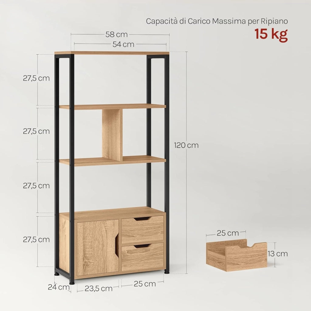 Libreria Moderna Design, 58 x 24 x 122 cm, Scaffale per Libri CD, con Cassetti e Ante, in Legno e Metallo, Rovere Chiaro RGB09hei