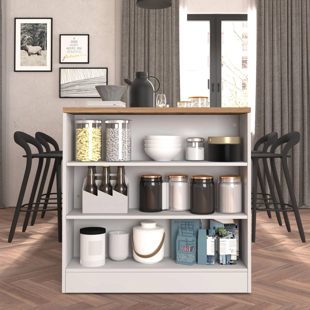 WHOUS Mobile a scaffale Sole con 3 ripiani bianco lucido e rovere 90x90x25 cm