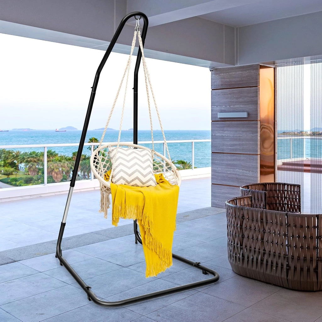 Sostegno per Sedia Sospesa Regolabile, Struttura Resistente con Gancio di Sicurezza, Carico Fino 150KG, Cuscinetti Antiscivolo, Perfetto per Camera da Letto, Patio, Cortile, Piscina, Veranda