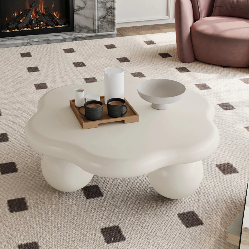 Tavolino da caffè sagomato per soggiorno in MDF e plastica 79×79×31 cm crema