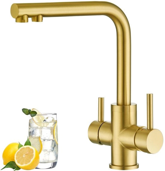 3 viei rubinetto cucina, 360° girevole rubinetto cucina miscelatore, rubinetto cucina 3 vie, 3-in-1 rubinetto cucina con 2 maniglie, finitura lucida oro