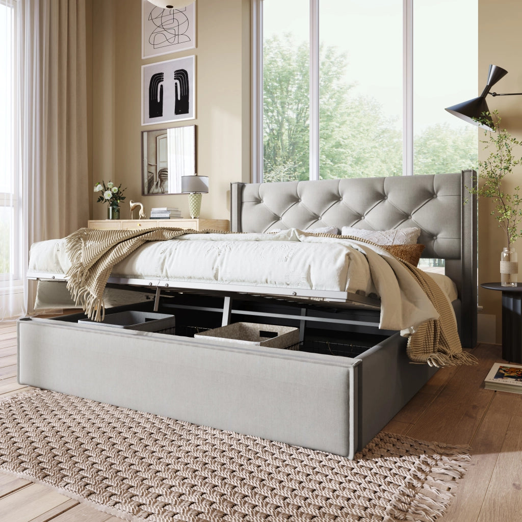 Letto Contenitore Matrimoniale 140×200 cm con Ampio Vano e Testiera Imbottita; senza Materasso