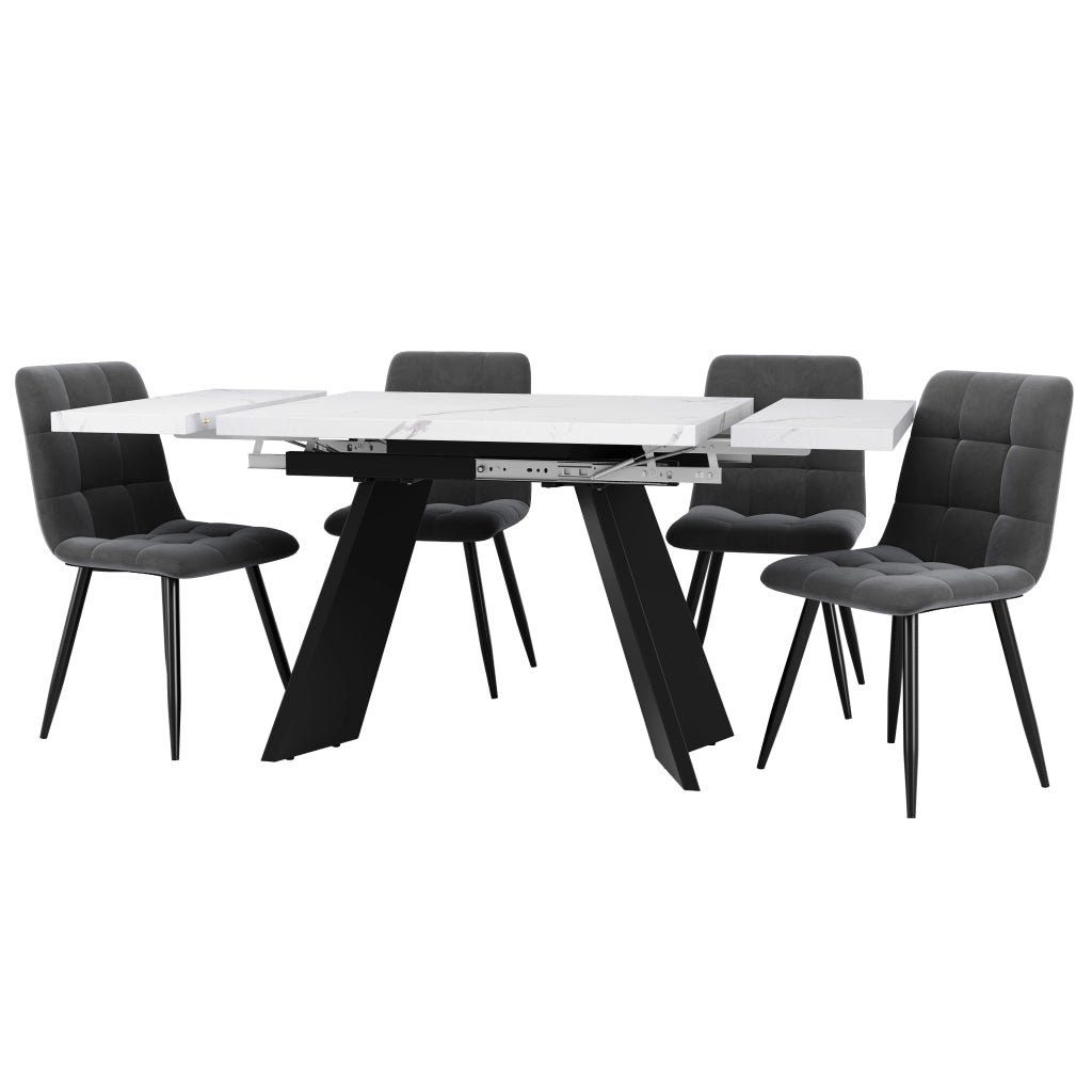 Set tavolo da pranzo e sedie con 1 tavolo allungabile e 4 sedie imbottite in MDF; metallo e velluto bianco e nero