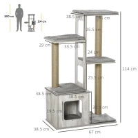 Albero Tiragraffi per Gatti Multi-livello con Cuccia e Corde in Iuta, 67x38.5x114 cm, Grigio