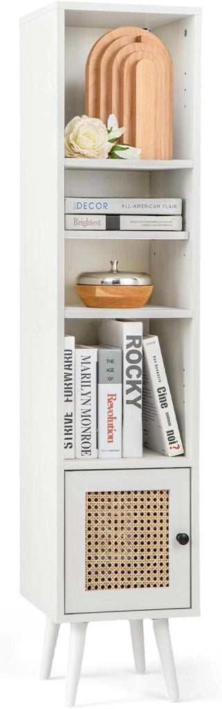 Libreria Scaffale con Anta in Rattan Naturale, Scaffale Legno in Stile Boho con 3 Ripiani Regolabili in 12 Posizioni, per Soggiorno Cucina e Camera da Letto, 29,5 x 29,5 x 137 cm (Bianco)