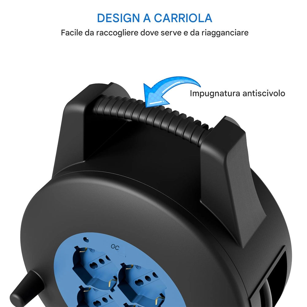 Avvolgicavo Multipresa 5 Metri con Interruttore di Protezione Prolunga 4 Prese Blu
