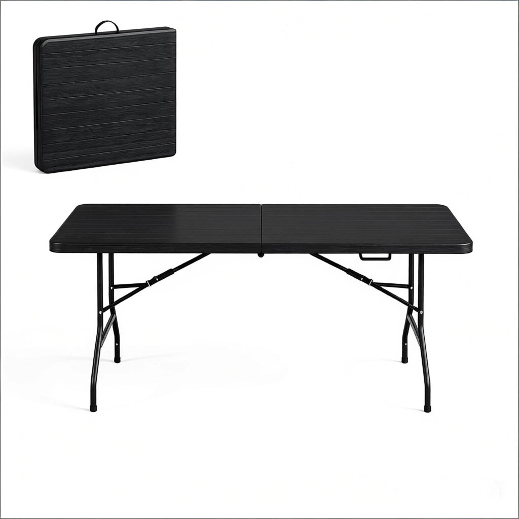 Tavolo pieghevole da esterno 180x74 cm in HDPE e metallo, colore nero, portata 120 kg