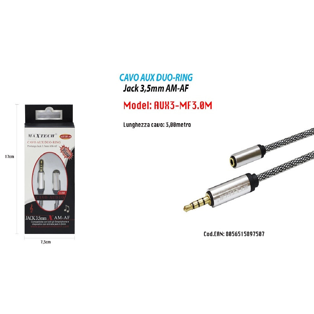 Trade Shop - Cavo Audio Jack 3,5mm Maschio A Femmina Am/af 3mt Prolunga Aux Cuffie Maxtech Aux3-mf3.0m -