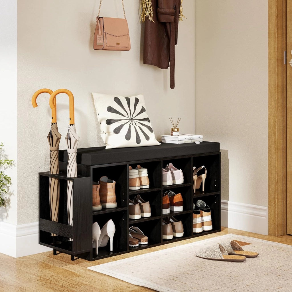 Panca Porta Scarpe con Porta Ombrelli, Organizzatore con Seduta Imbottita, 10 Cubi e Ripiani Regolabili, Scaffale Scarpe Industriale in Legno per Ingresso, Soggiorno, Camera da Letto (Nero)