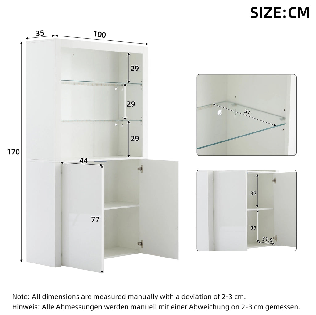 Vetrina moderna 100 x 35 x 170 cm bianca lucida in MDF con LED e vetro temperato