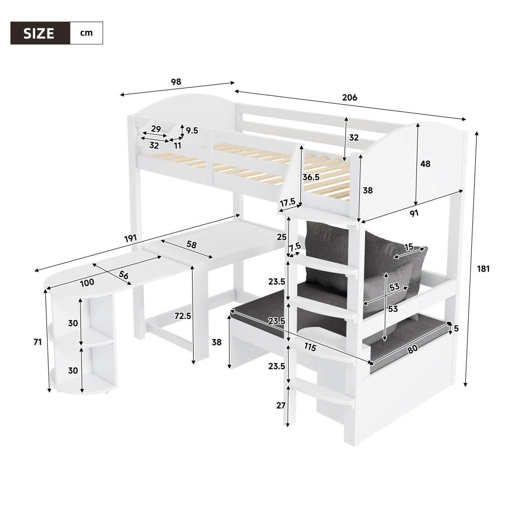 Letto a castello per bambini 90x200 cm in legno massiccio bianco con scrivania estraibile e contenitore