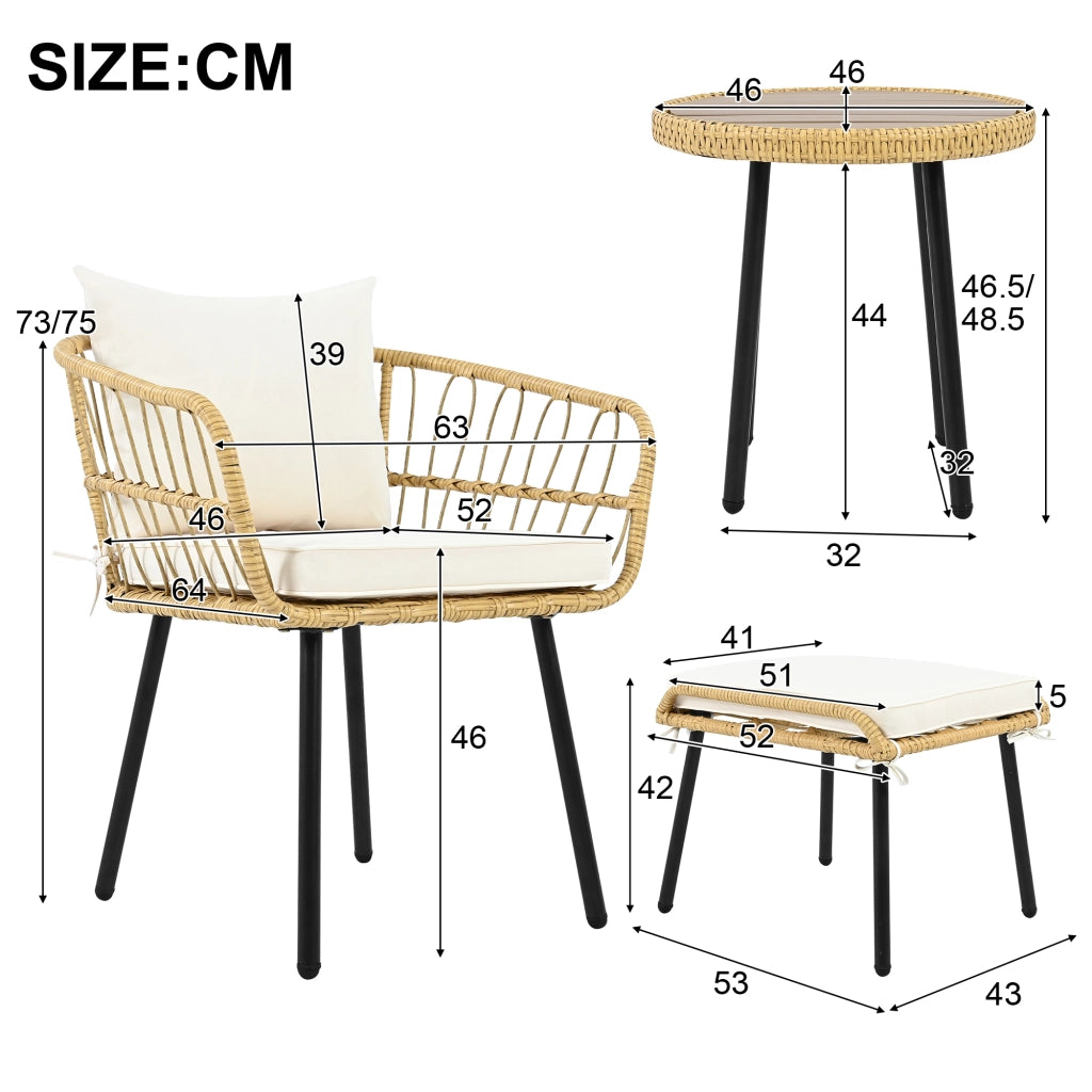 Tavolo; 2 Sedie e 2 Sgabelli da Giardino; Mobili per Esterno in Rattan e Tessuto; Bianco e Naturale
