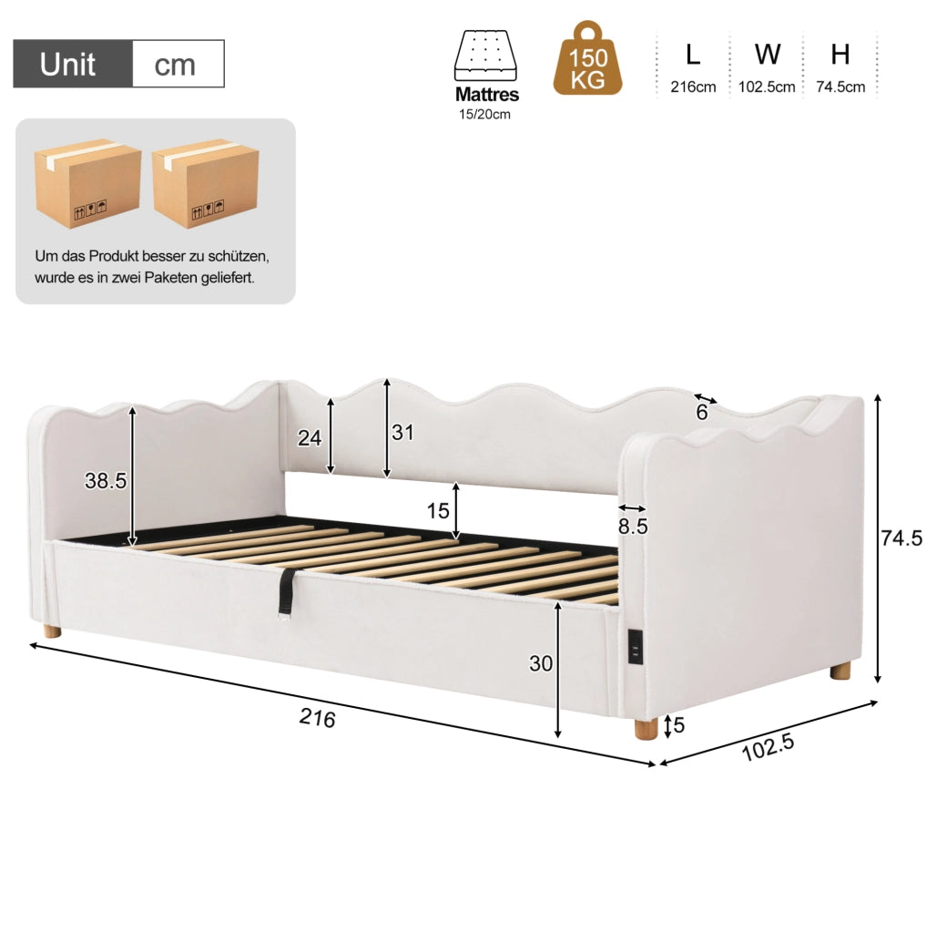 Letto 90x200 cm con contenitore idraulico, rete a doghe e porte USB/USB-C in velluto beige