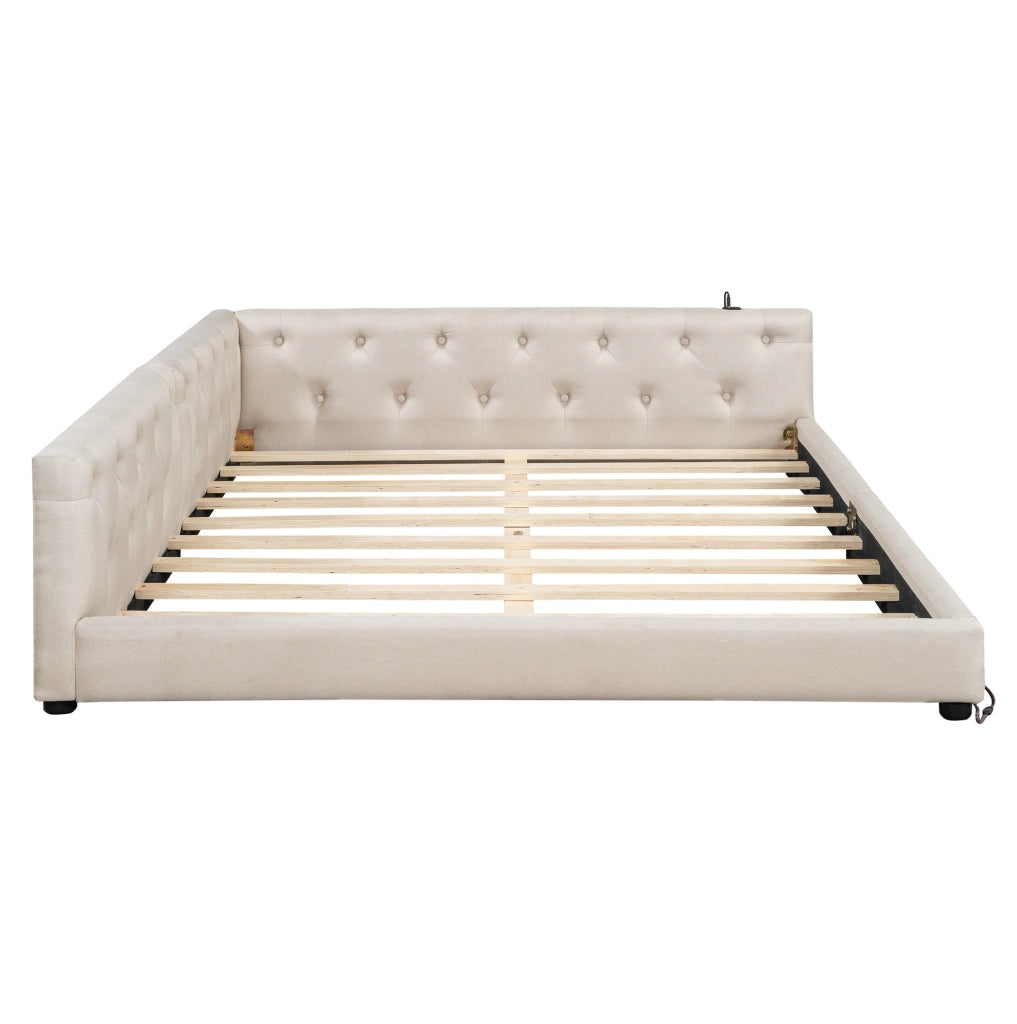 Letto 140x200 cm con LED; USB e Type-C in lino beige