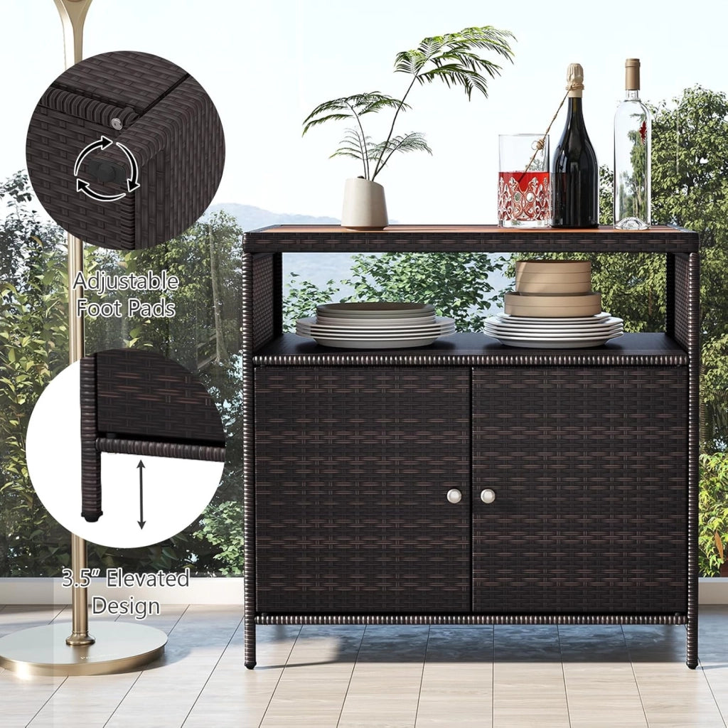 Armadietto da Giardino in Rattan con Piano di Lavoro e Scaffale, Ideale per Esterni, Giardino, Balcone e Piscina, 90 x 53 x 66 cm.