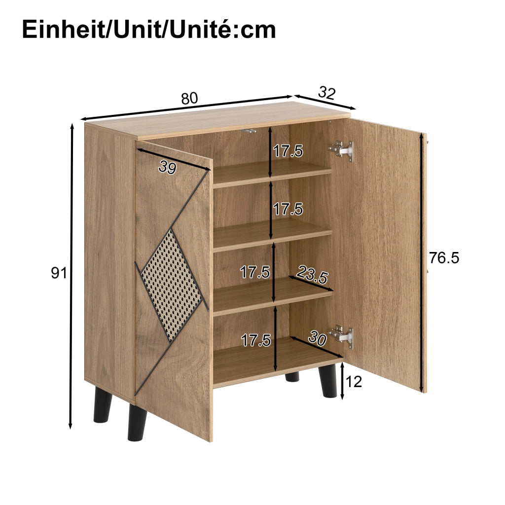 Scarpiera con 2 Ante; Motivo Decorativo Rattan; Contenitore Chiuso; Stile Moderno; in Pannello Truciolare; 80×31×91 cm; Legno