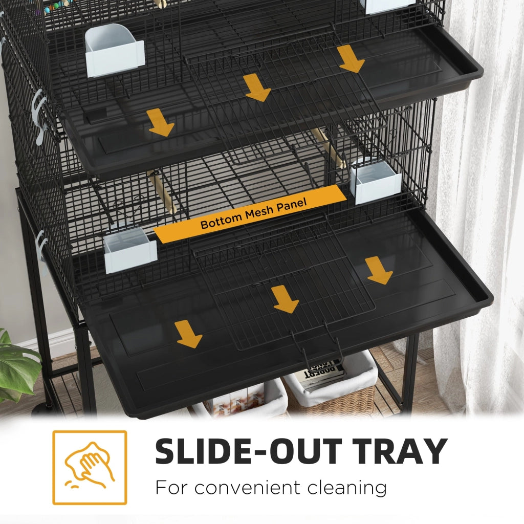 Doppia Voliera 2 Gabbie per Uccelli Impilati 77x46x164 cm in Acciaio con Ruote Nero