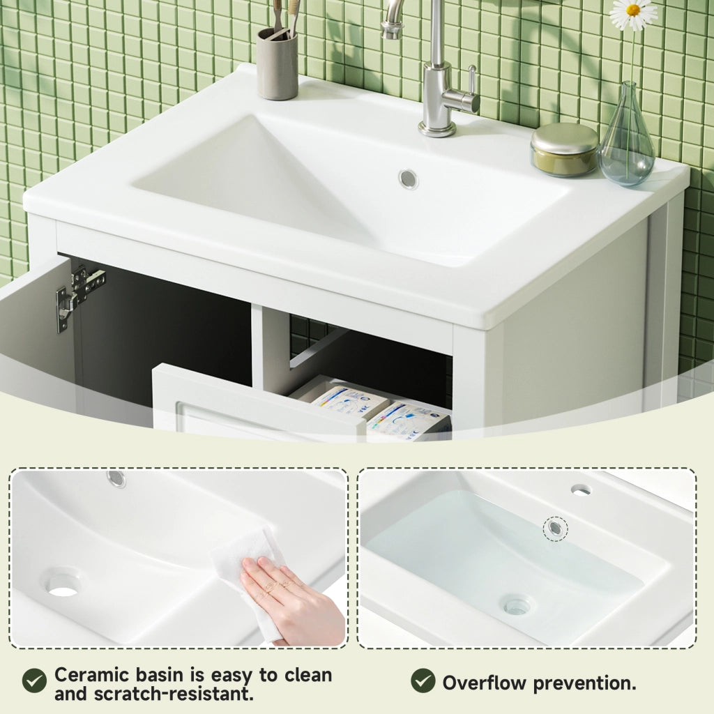 Mobile sottolavabo da bagno con lavabo in ceramica 1 anta e 3 cassetti per bagno in MDF e ceramica bianco 62 × 47 × 90 cm