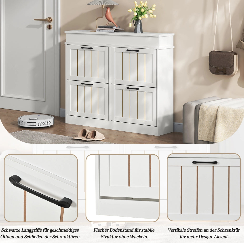 Scarpiera sottile in MDF bianca 105x24x83 cm con 4 ante