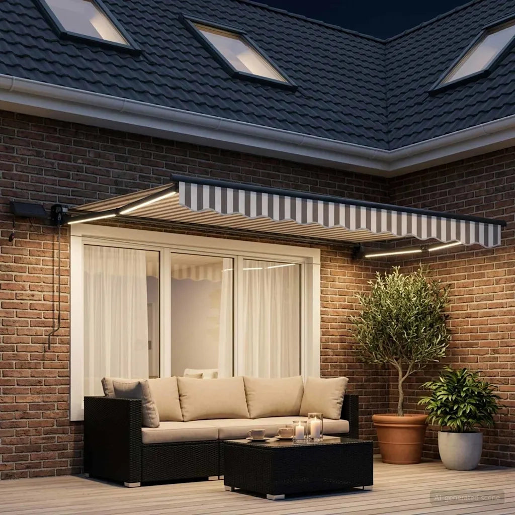 Tenda retrattile manuale con LED Grigio chiaro e bianco 3425871