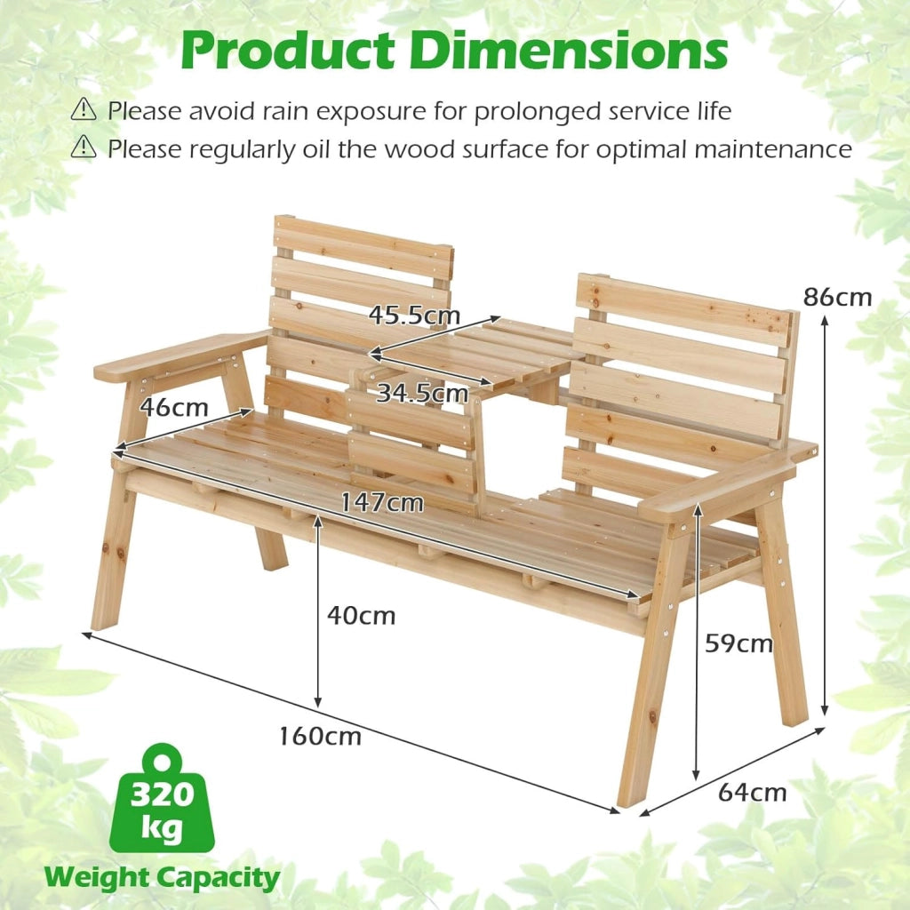 Panchina da giardino con tavolo, in legno massiccio con tavolo centrale pieghevole, panca a 3 posti, panca ergonomica con schienale e braccioli, panca da giardino e terrazza, portata fino a
