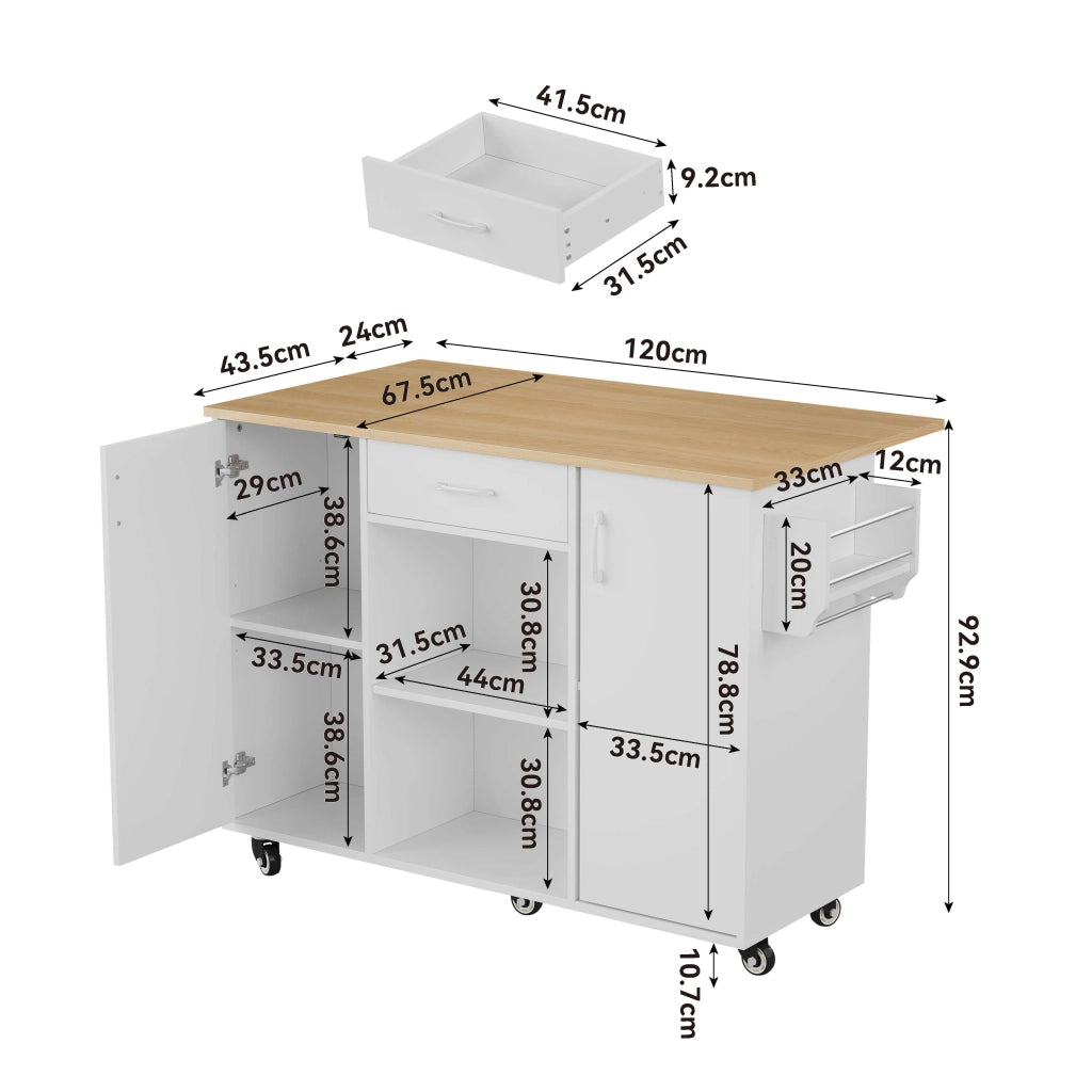 Isola da Cucina con Piano Pieghevole e Cassetto ¨C MINIMAL ¨C Bianco/Rovere, 92,9x120x43,5cm