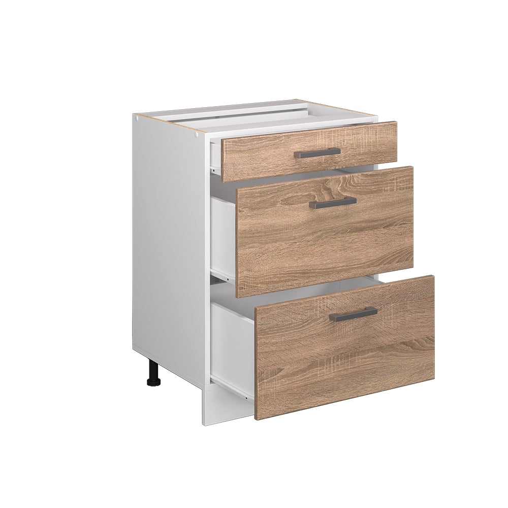Mobiletto base per cucina R-Line Sonoma/Bianco 60 cm con cassetti, senza piano di lavoro Vicco