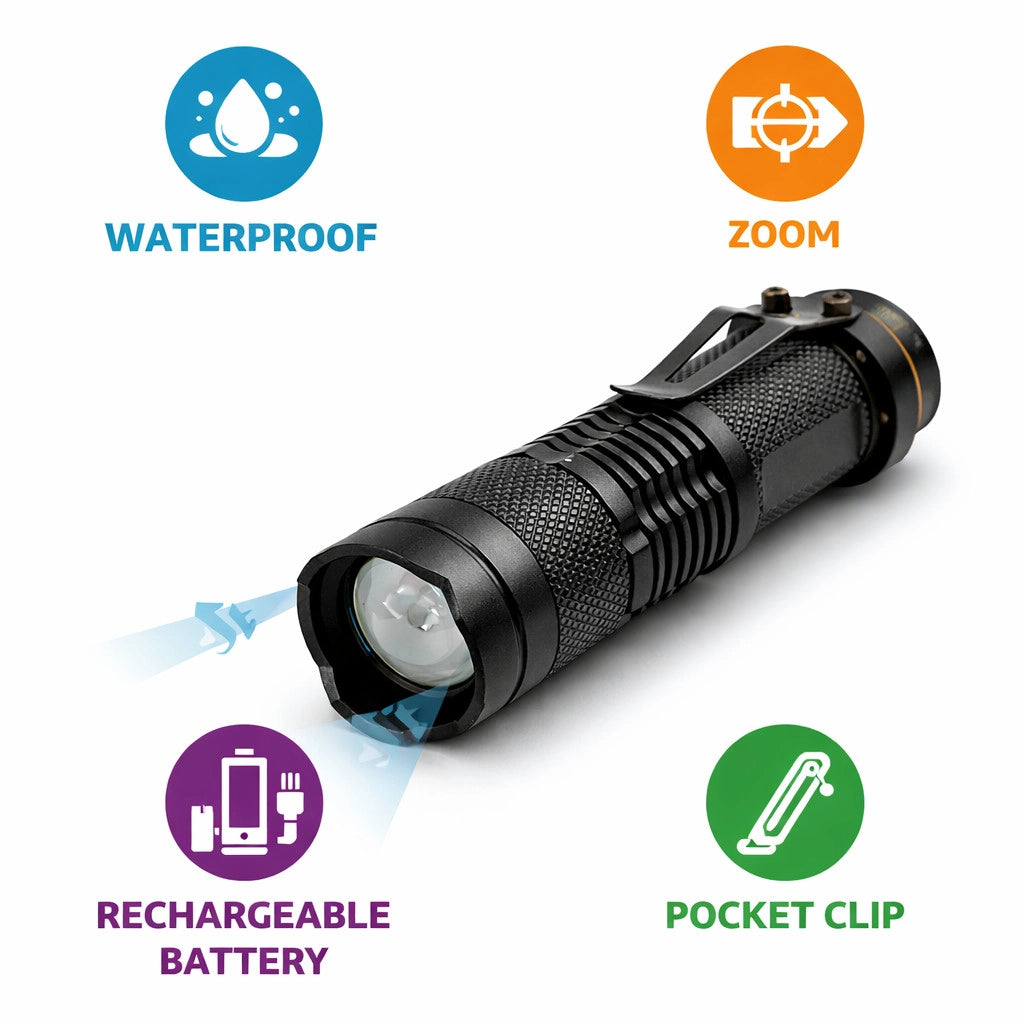 MINI TORCIA LUCE BIANCA LED 3 W LUMEN RICARICABILE RESISTENTE GANCIO SEGNALATORE