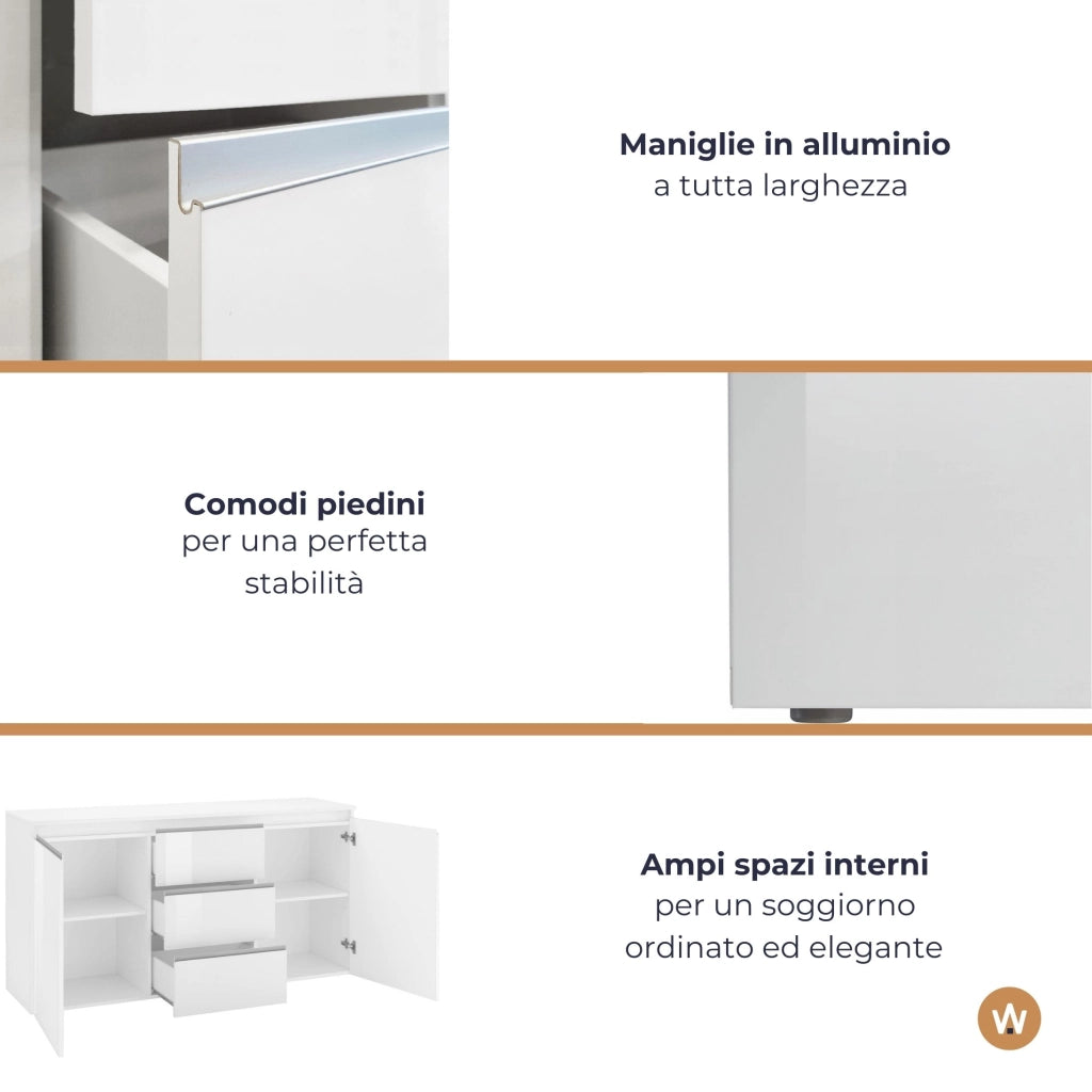 WHOUS Credenza a cassettiera Magic 2 ante e 3 cassetti bianco lucido 180x40x80 cm