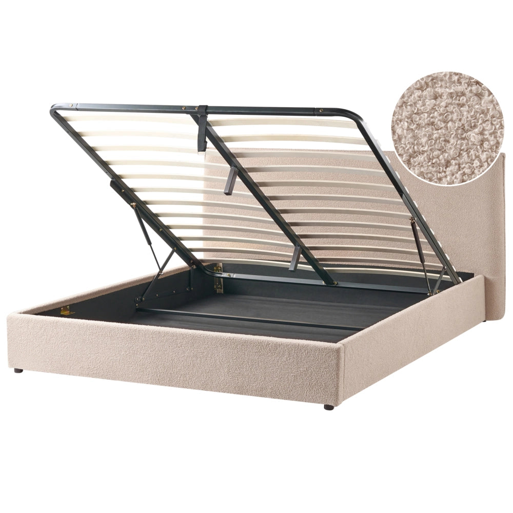 Letto matrimoniale con contenitore in tessuto bouclé tortora con testiera 180 x 200 cm Doghe in legno