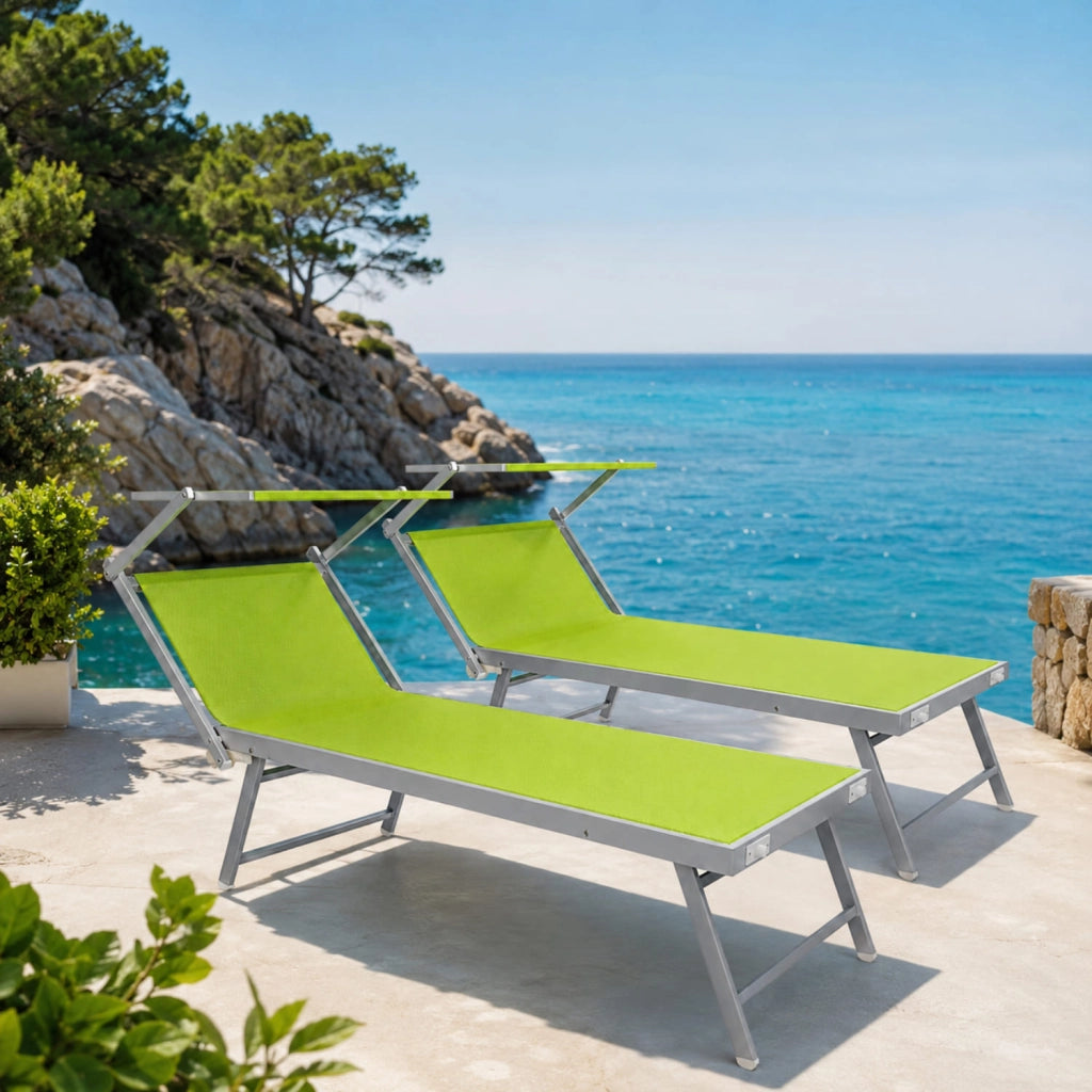 Set Da 2 Lettini Prendisole Pieghevole Professionale In Alluminio Con Tettino Parasole Tettuccio Orientabile Mare Spiaggia Piscina Giardino 182 X 60 X 38 Cm Verde Fluo