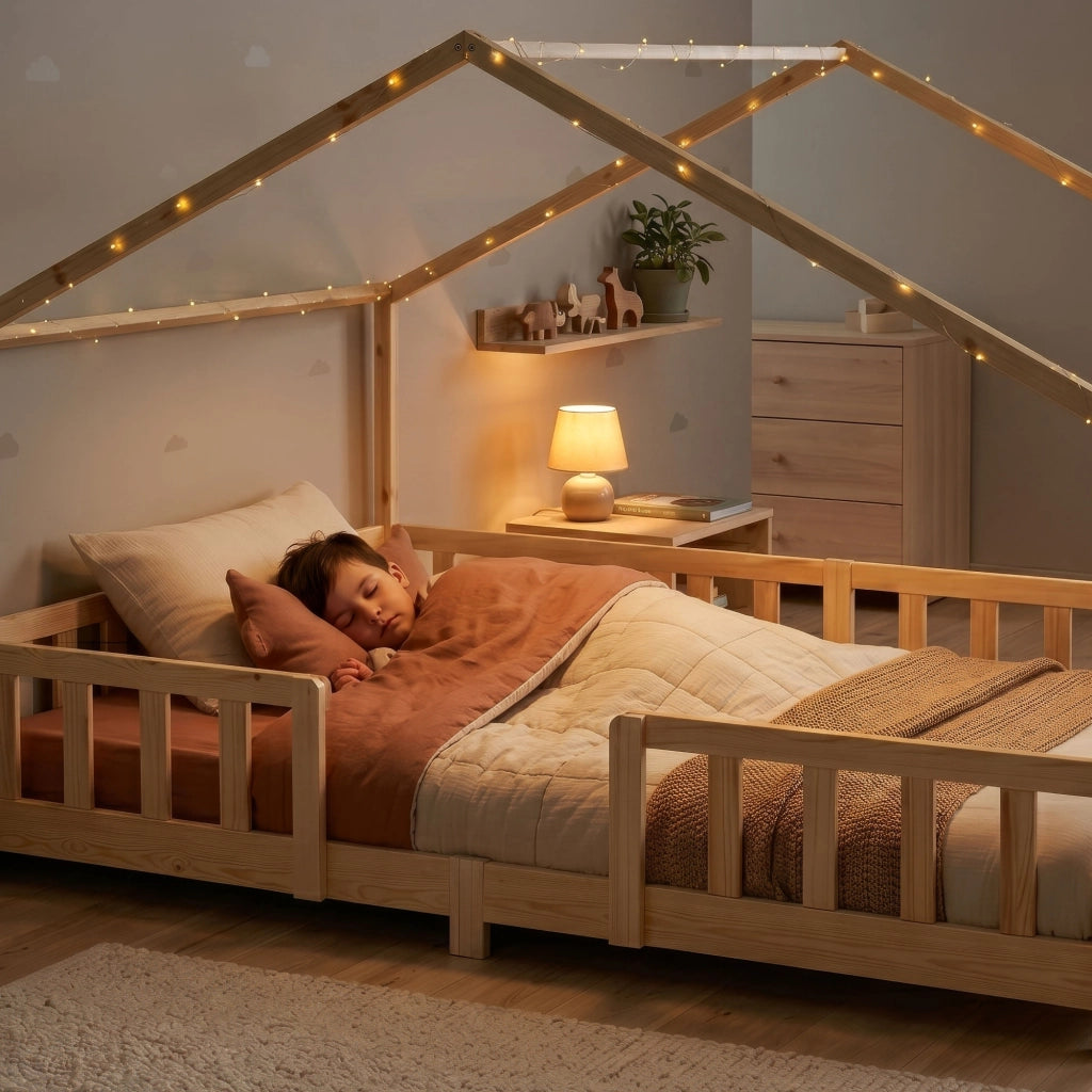 Letto per Cameretta Treviolo a Forma di Casetta in Stile Montessori 140x200 cm Naturale [en.casa]