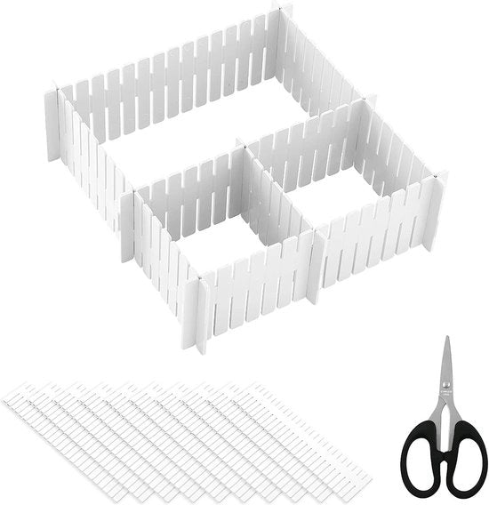 Organizzatore di cassetti, 20 cassetti regolabili e un organizzatore di forbici, pareti divisorie bianche, regolabile per armadio, intimo, calze, organizzatore da tavolo DIY