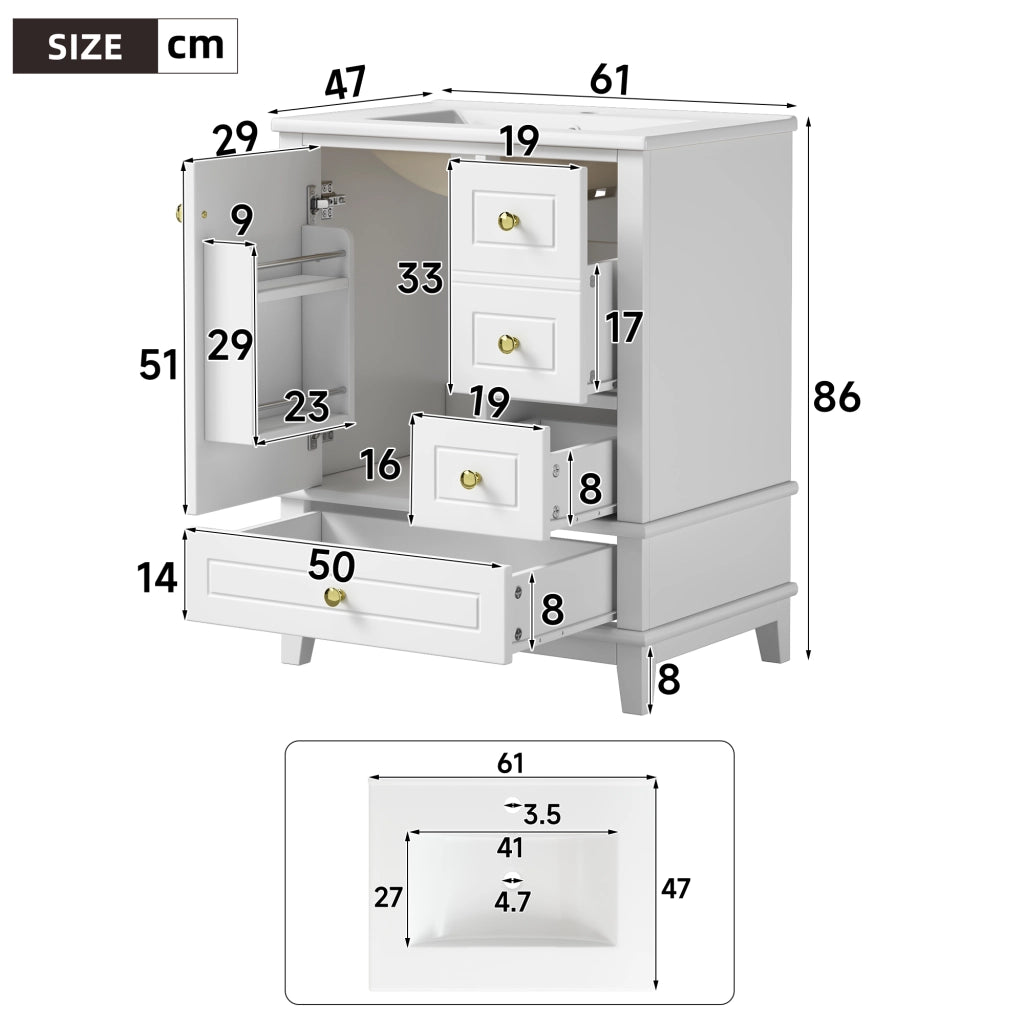 Mobile bagno con lavabo; 3 cassetti e 1 anta soft-close per bagno; in MDF e ceramica; bianco lucido; 61×47×86 cm