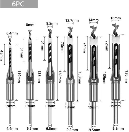 Set di foratura a sei pezzi per fori quadrati – 1/4 a 5/8 pollici, inclusa raspa e foro metallico.