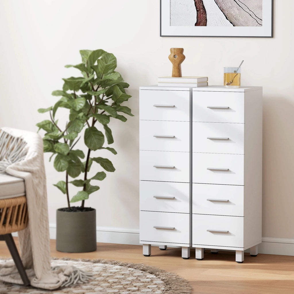 Cassettiera a 5 Cassetti 30x30x95 cm Piedini Regolabili in Legno FSC Bianco