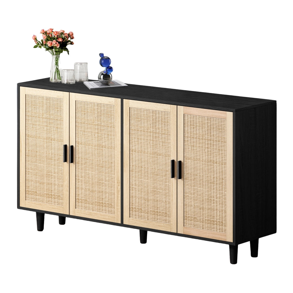 Armadio 4 Ante in Rattan ¨C Xylo ¨C Nero, Ripiani, Guardaroba, 158 cm