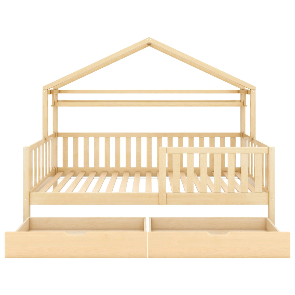 Letto a casetta per bambini 90x200 cm con cassetti, colore naturale, in legno di pino