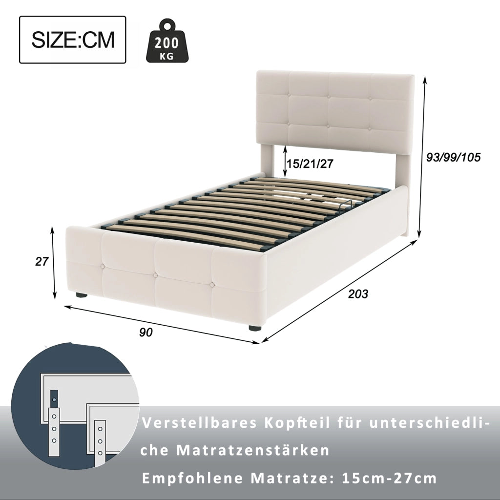 Letto per bambini imbottito con contenitore idraulico e testiera regolabile; velluto beige; 90x200 cm; senza materasso