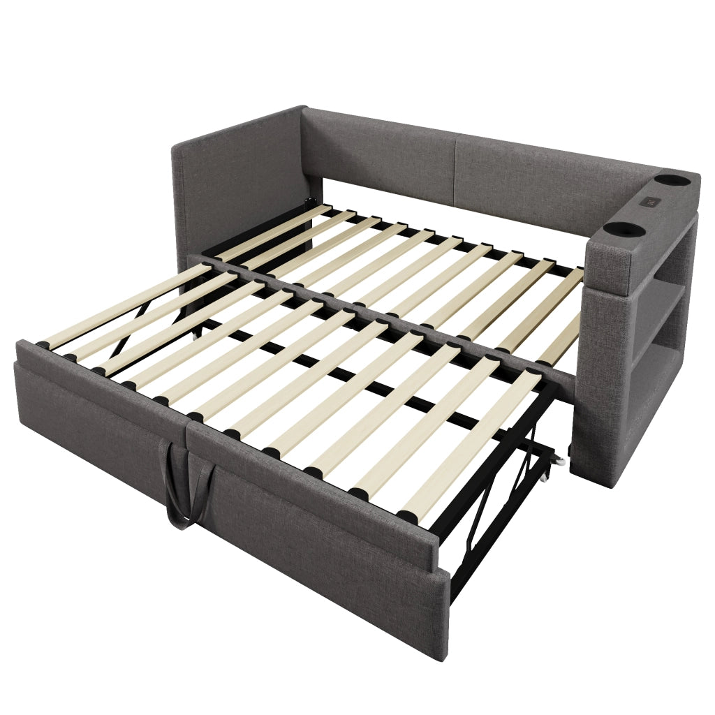 Letto daybed 90x200 cm con letto estraibile, USB e Type-C, portabicchieri, grigio, senza materasso
