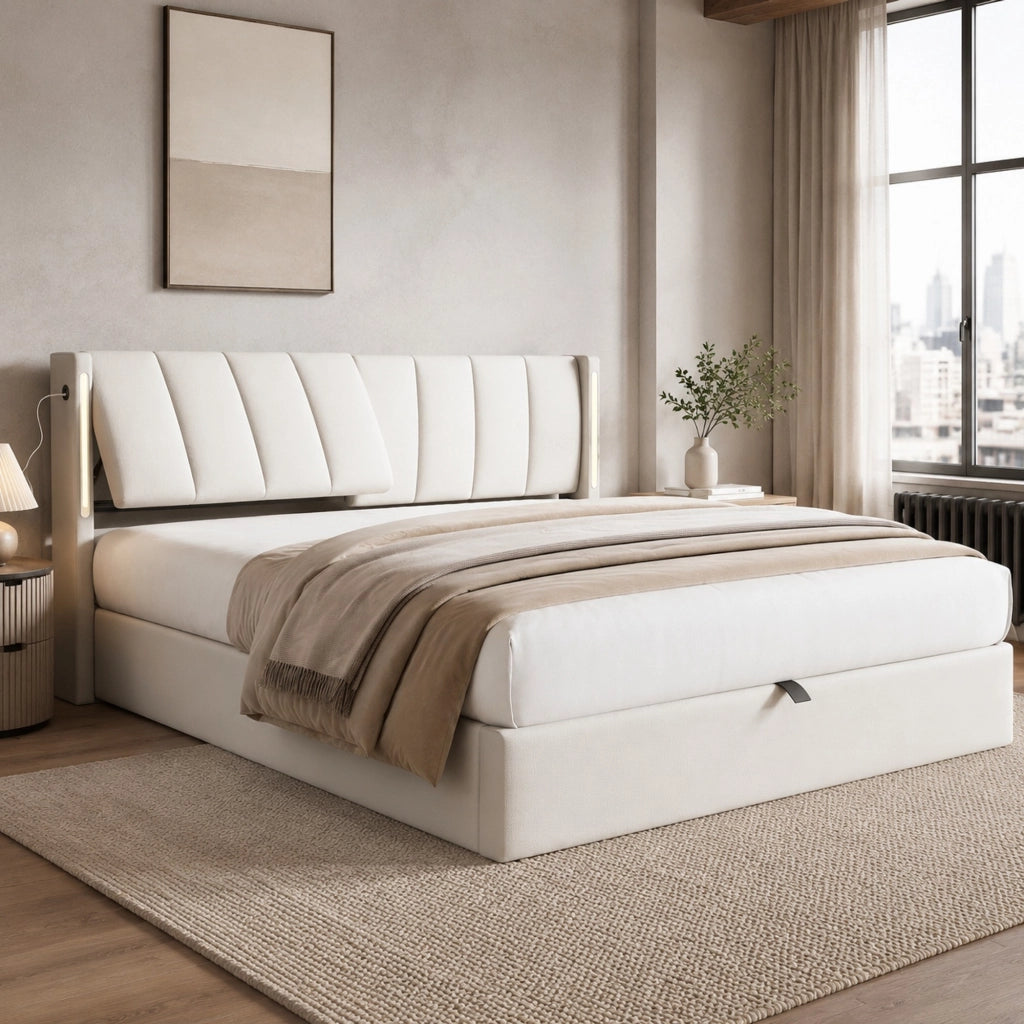 Letto imbottito 140x200 cm con LED, USB, contenitore e rete a doghe, bianco