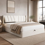 Letto imbottito 140x200 cm con LED, USB, contenitore e rete a doghe, bianco