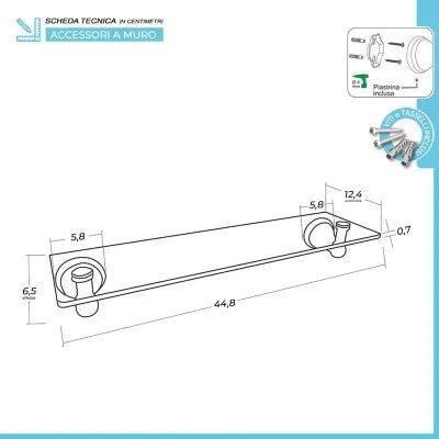 Mensola in vetro 45 cm supporti con finitura bronzo Kit di fissaggio incluso Iris