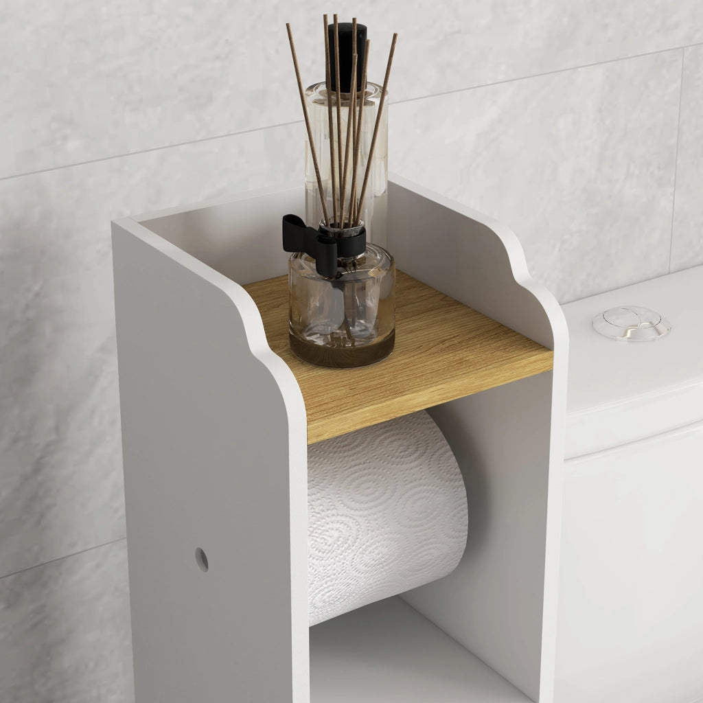 Mobile Bagno con Portarotolo e Ripiani ¨C Zephmum ¨C 18x20x90 cm Bianco e Rovere