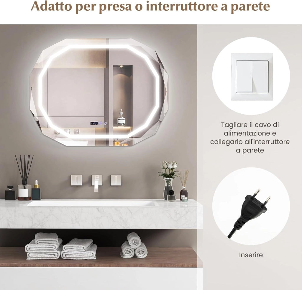 Specchio LED per Bagno 91.5 x 71cm, Specchio Antappannamento con Luce a 3 Colori, Funzione di Memoria Lettura di Tempo e Temperatura, Specchio Ellittico HD Antigraffio, IP44