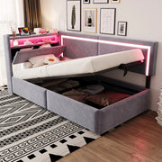 Divano letto imbottito con contenitore sotto il letto, LED e porte USB in velluto grigio chiaro 90 × 200 cm
