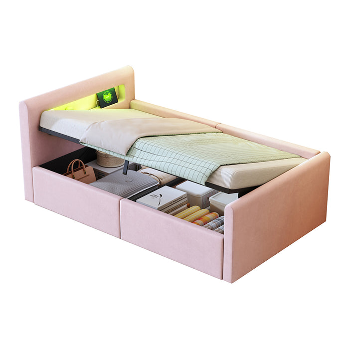 Letto bambino-Xylo-90x200 cm-LED, USB, idraulico, velluto rosa