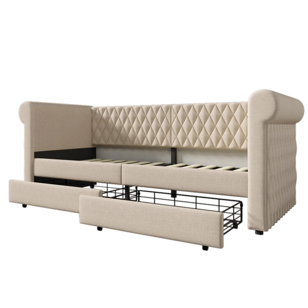 Divano letto vintage 90x200 cm in lino beige con 2 cassetti