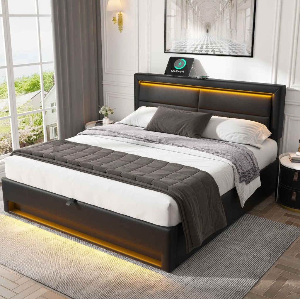 Letto imbottito 160x200 cm in PU nero con USB; LED e contenitore