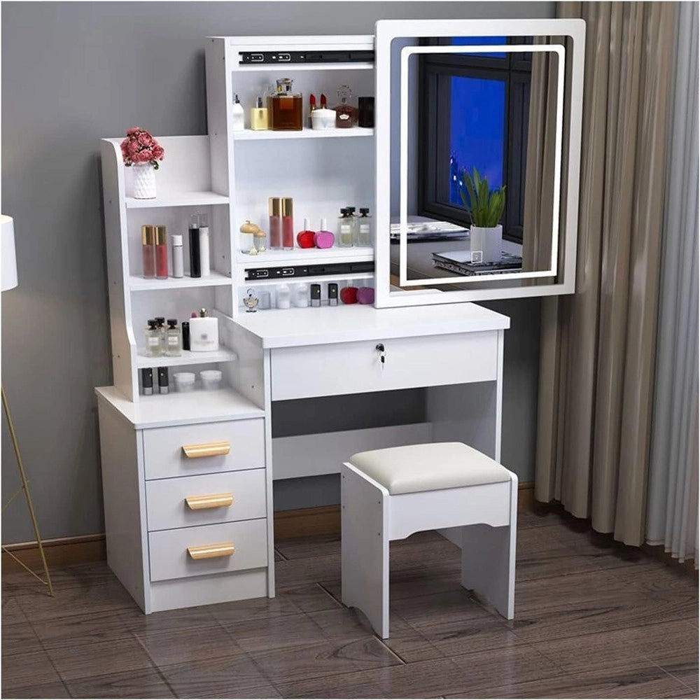 Trade Shop - Set Tavolo Da Toeletta Per Trucco Cosmetici Con Specchio Led Morbido Sgabello Cassetti -